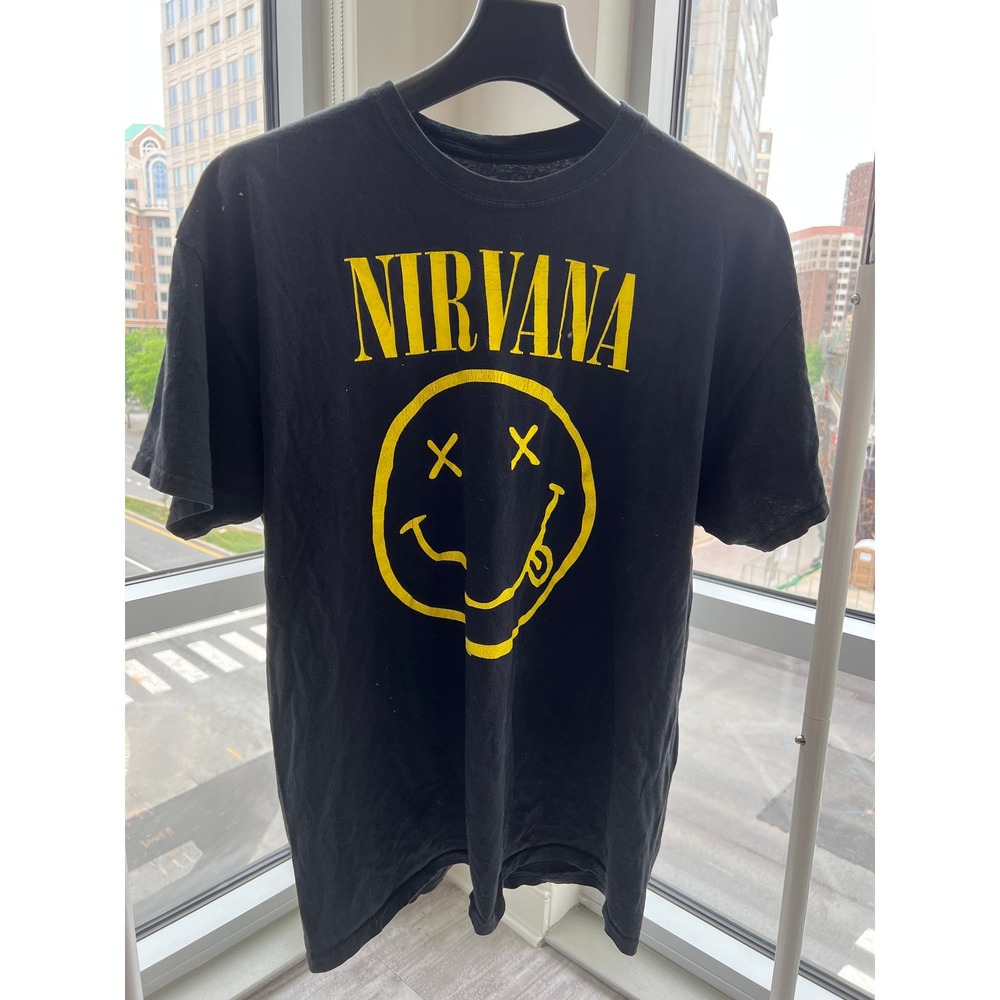 Nirvana Smiley Face Graphic T-Shirt Black Yellow Unisex XL Cotton Band Tee